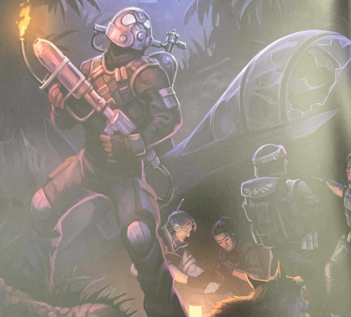 A Screenshot from GI Joe Quartermaster's Guide To Gear, showing a team of Joes under a crashed jet making camp in the middle of the night.