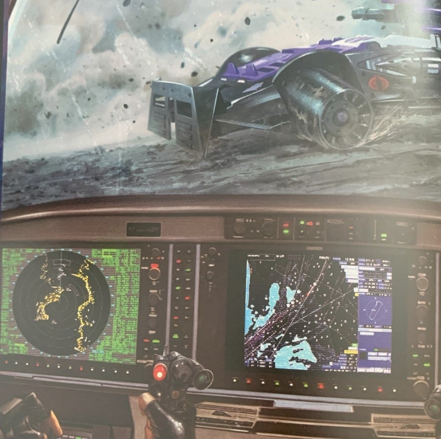 A screenshot from GI Joe Quartermaster's Guide To Gear showing artwork of a pitched battle from the point of view of a vehicle cockpit