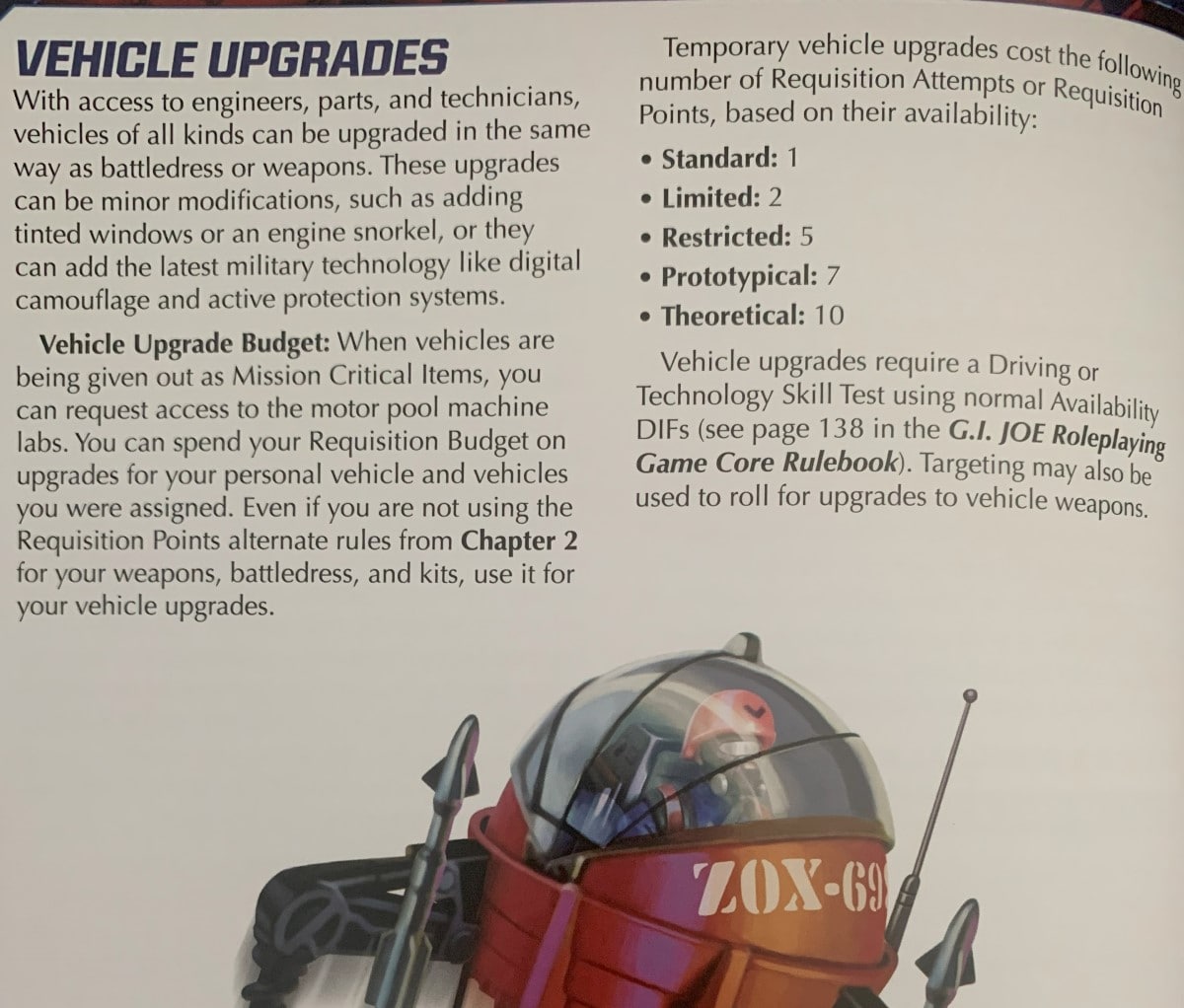 A screenshot from GI Joe Quartermaster's Guide To Gear showing an excerpt of Vehicle Upgrades