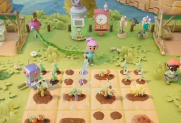 The player character waters their crops in the field in Go-Go Town.