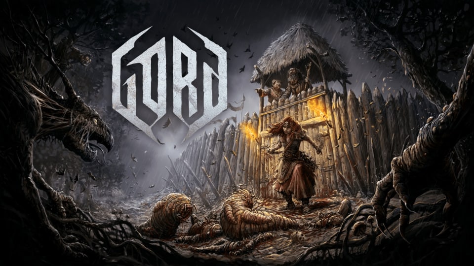 Gord art depicting a tribal shaman standing outside of pallisade walls as two villagers look on over the top. Many monsters surround the shaman. 