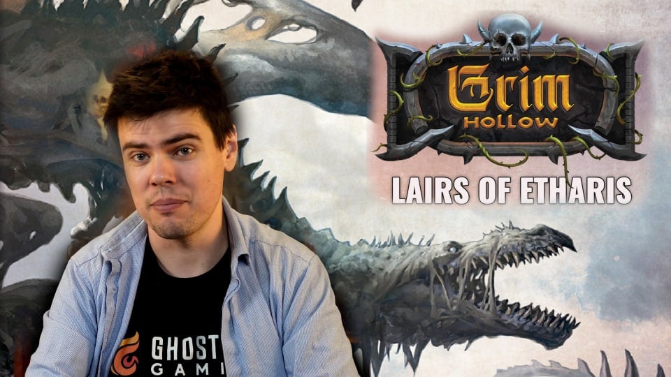 An image of Ben Byrne with key art and the logo for Lairs of Etharis