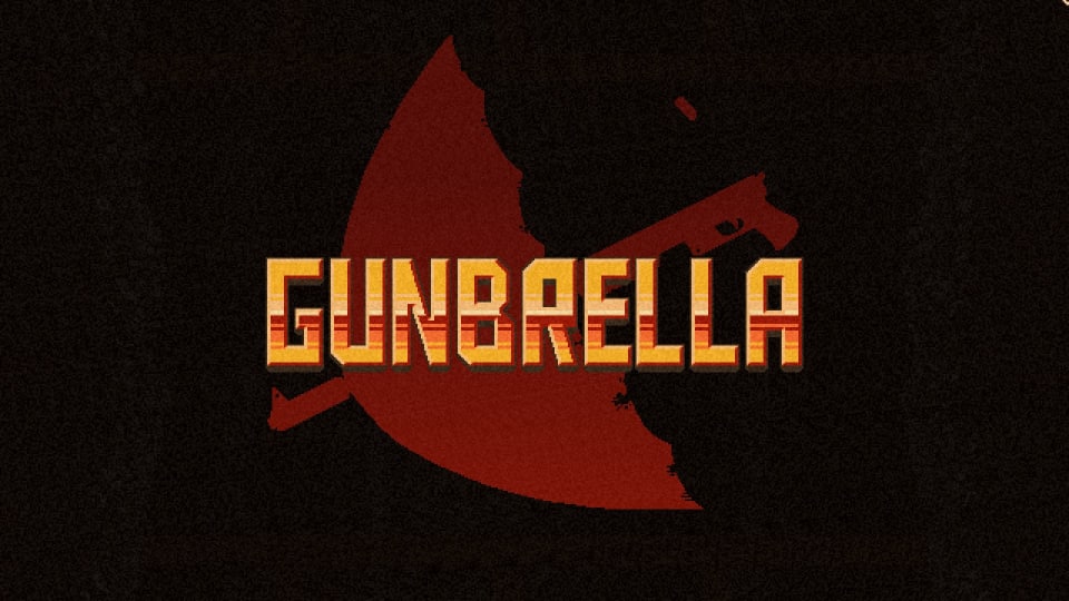 The logo for Gunbrella, the gunbrella in red silhouette is seen behind.