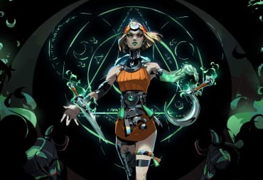 Promo image of Melinoe from Hades II, standing in a black void surrounded by magical glyphs in dark green flame.