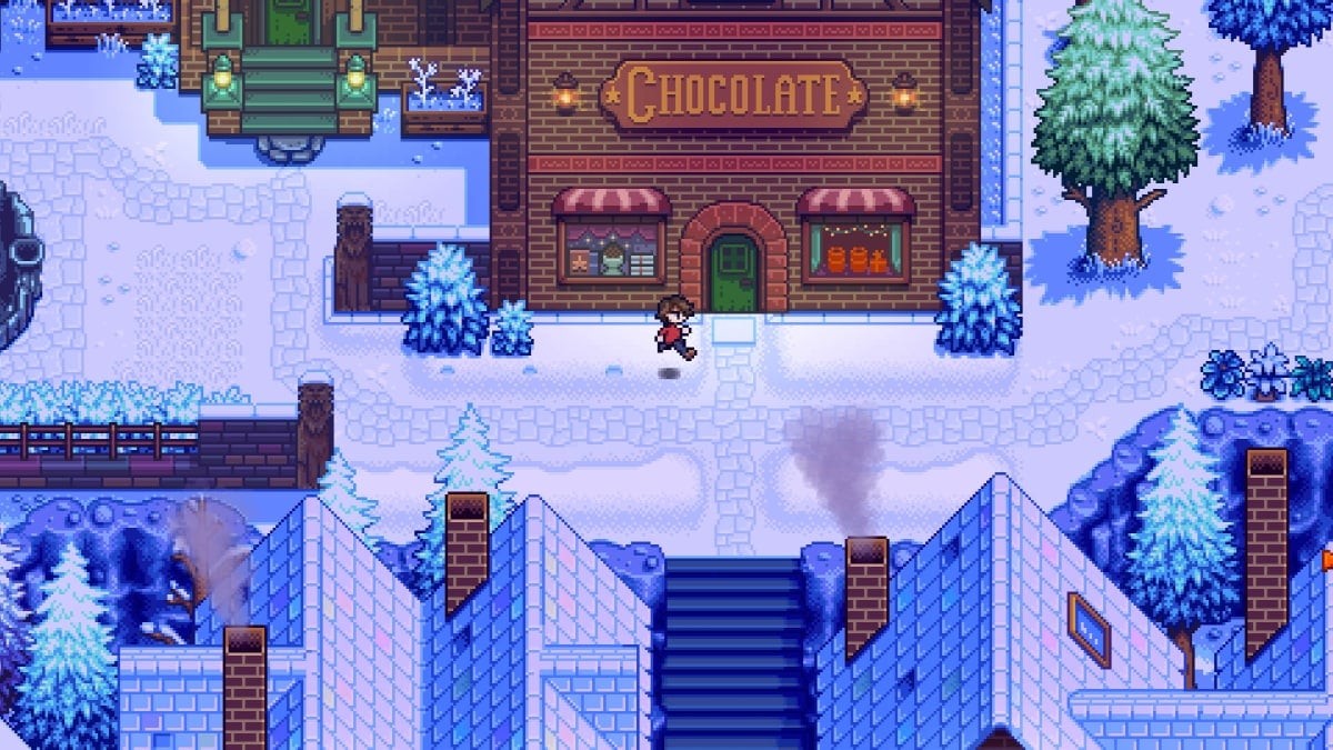 The player running around a snowy town in Haunted Chocolatier