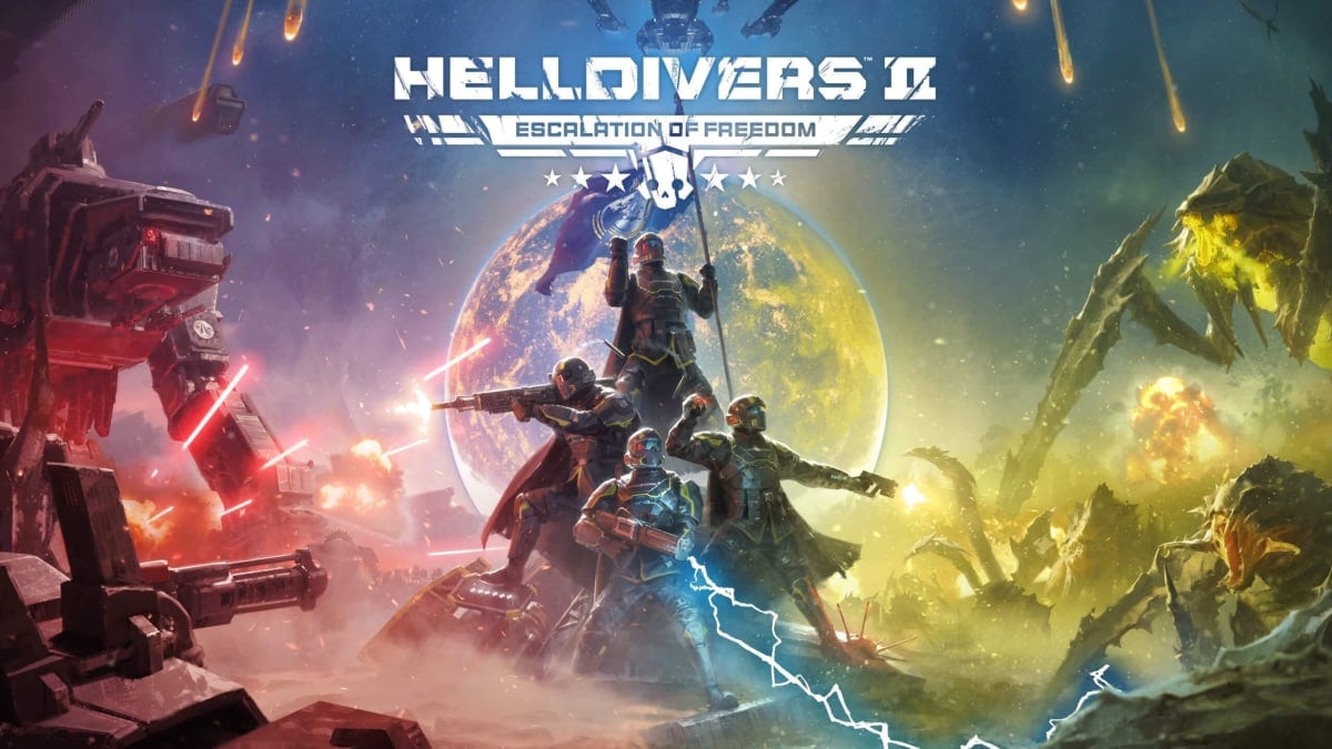 Helldivers standing heroically in artwork for the new Helldivers 2 Escalation of Freedom update