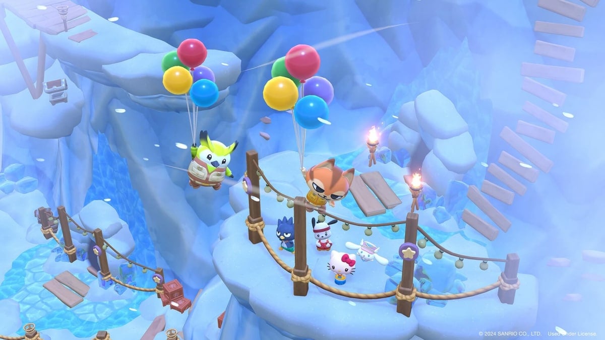 Two characters float by being held up by balloons as a series of Sanrio characters look on in the background in a snow landscape.