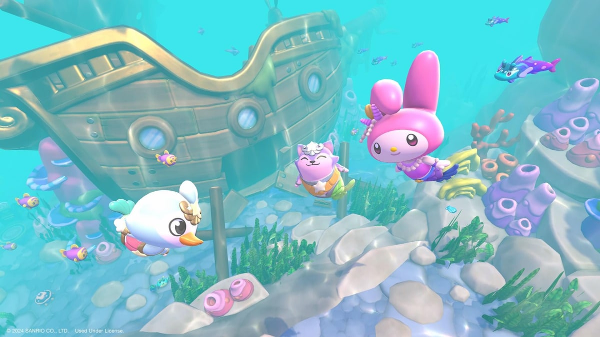 Mermaid versions of Sanrio characters swimming underwater in front of a shipwreck.