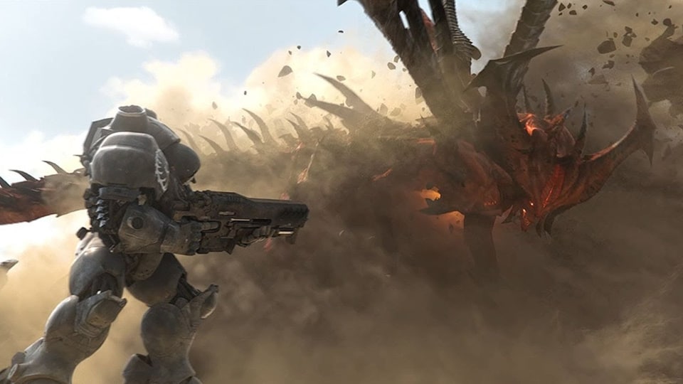 Heroes of the storm cinematic trailer screenshot showing a soldier in futuristic armor with a huge gun fighting a sand worm on a desert planet. 