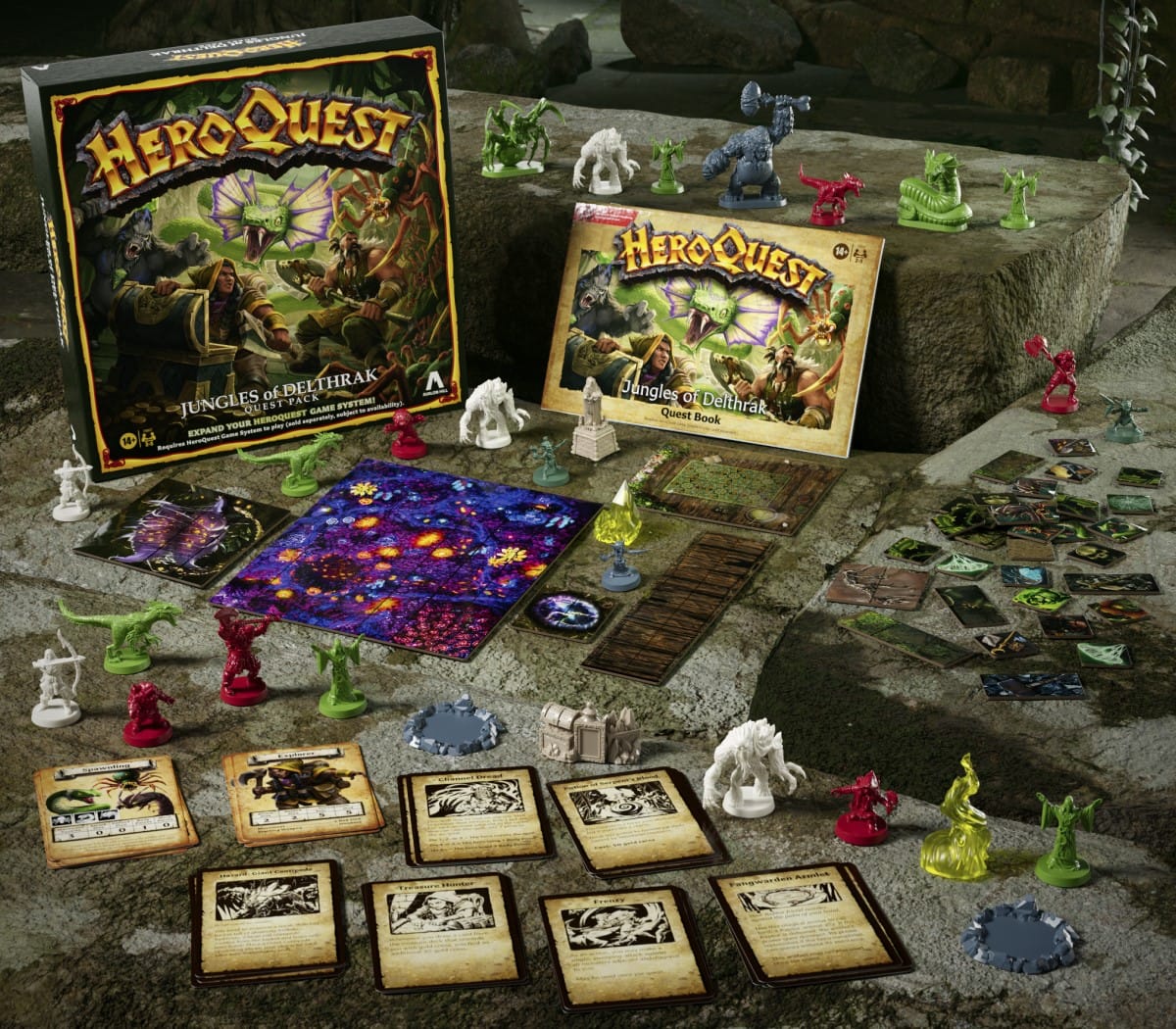 A promotional display of miniatures and cards from Heroquest Jungles of Dethrak