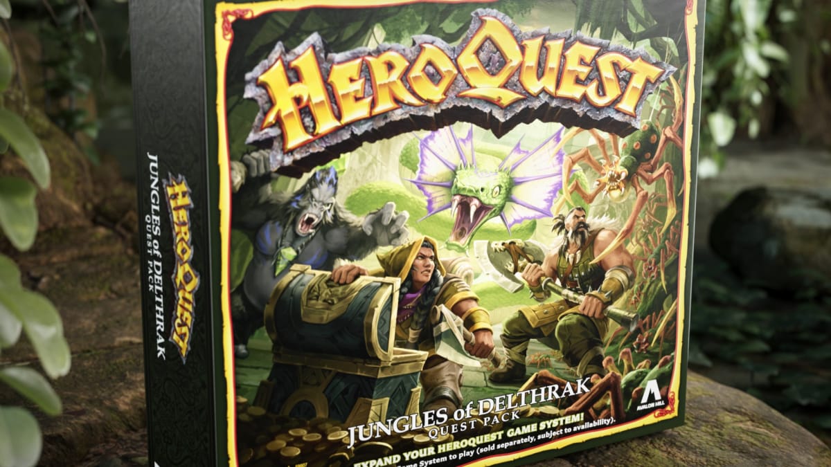 Promotional box art of Heroquest Jungles of Dethrak, showing an adventurer in a jungle being attacked by a snake.