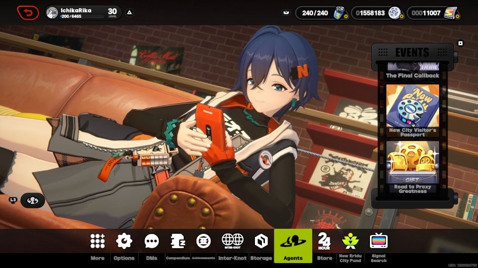 Zenless Zone Zero Main Menu featuring Belle lying down on a couch.