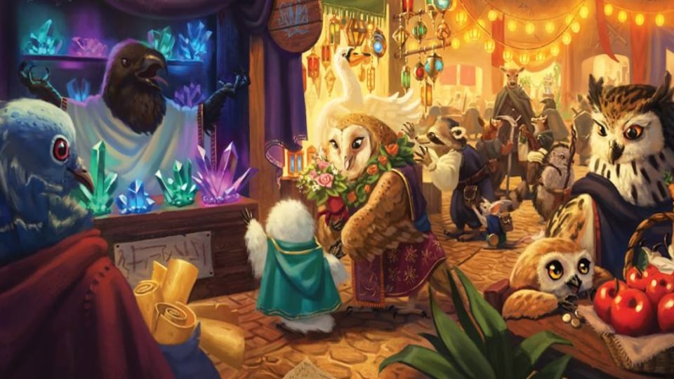 Artwork of a busy marketplace full of humanoid owls and ravens from the Humblewood campaign setting.