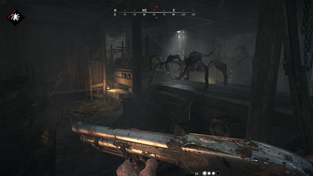 The player confronting a Spider in Hunt: Showdown