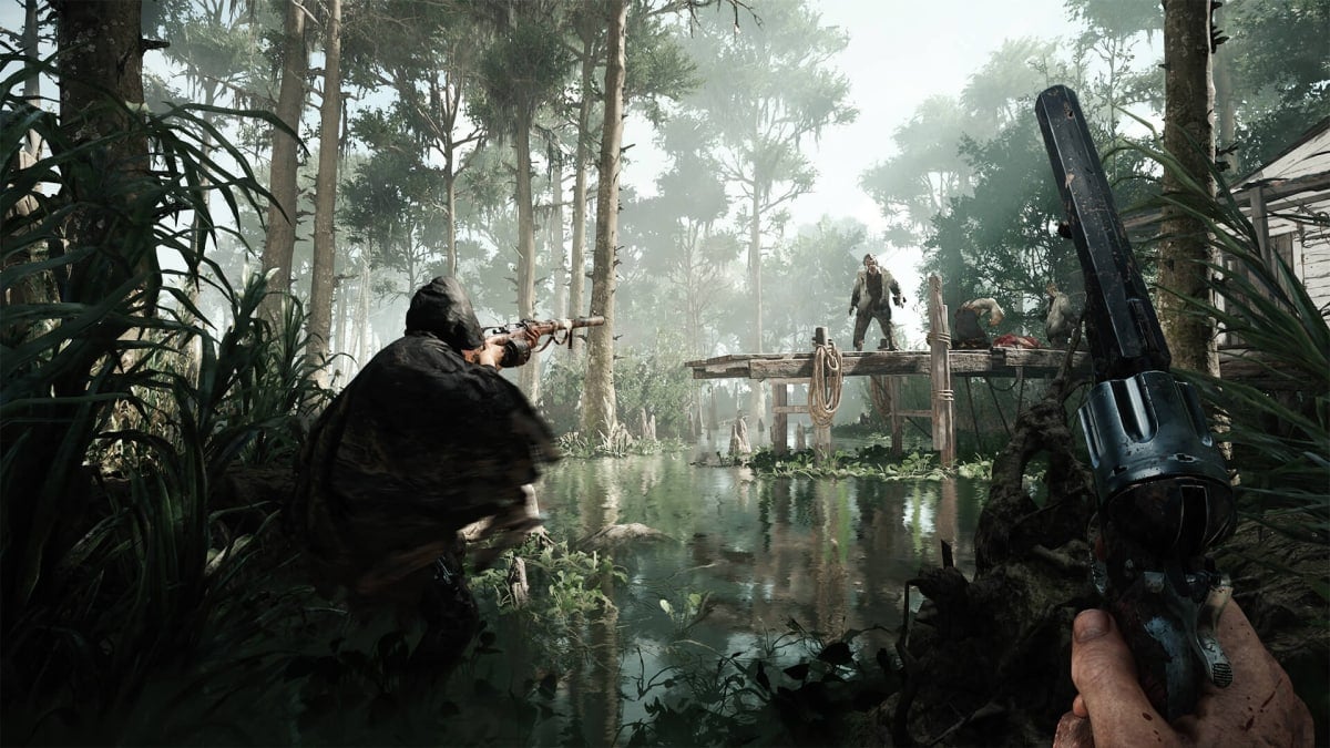 Players standing in a swamp and aiming weapons at someone on a boardwalk in Hunt: Showdown, which could be getting a sequel