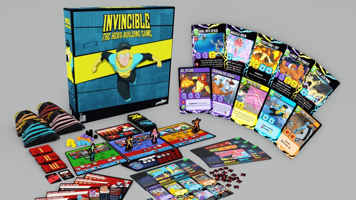 A promotional image of Invincible: The Hero-Building Game, showing the game's box, cards, and tokens