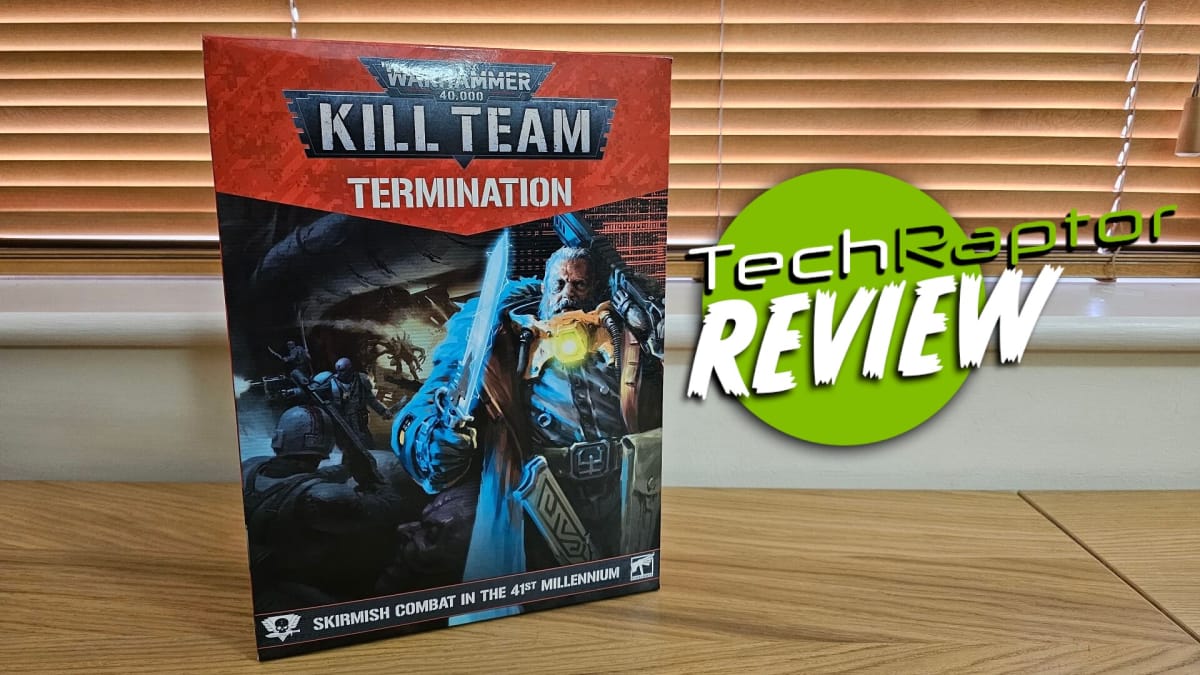 The Kill Team Termination Box sitting on a table with a TechRaptor Review button overlaid in green and white.