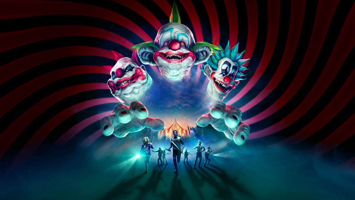 A spread-shot wordless cover of Killer Klowns from Outer Space: The Game, showcasing three of the clowns overshadowing several human survivors.