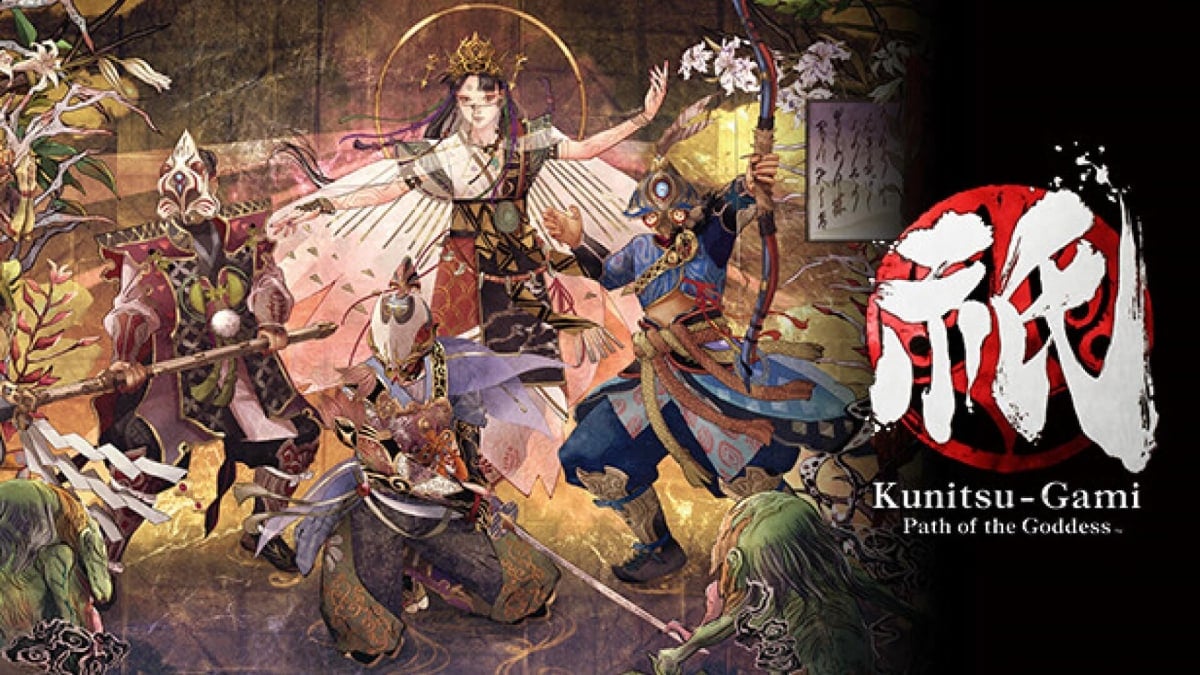 A promotional image of Kunitsu-Gami: Path of the Goddess. The logo is on the right, and Yoshiro, Soh, and a troop of masked villagers are visible on the left.