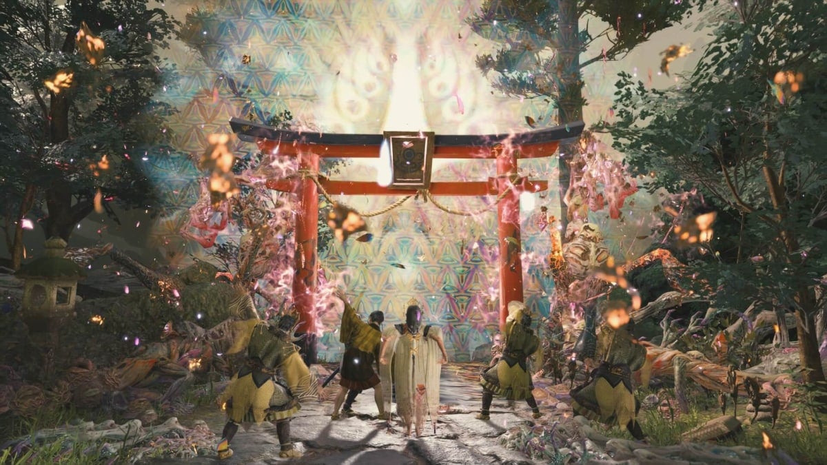 A screenshot from Kunitsu-Gami: Path of the Goddess, showing Yoshiro and Soh in front of a torii gate. The gate is erupting with colorful light and color.