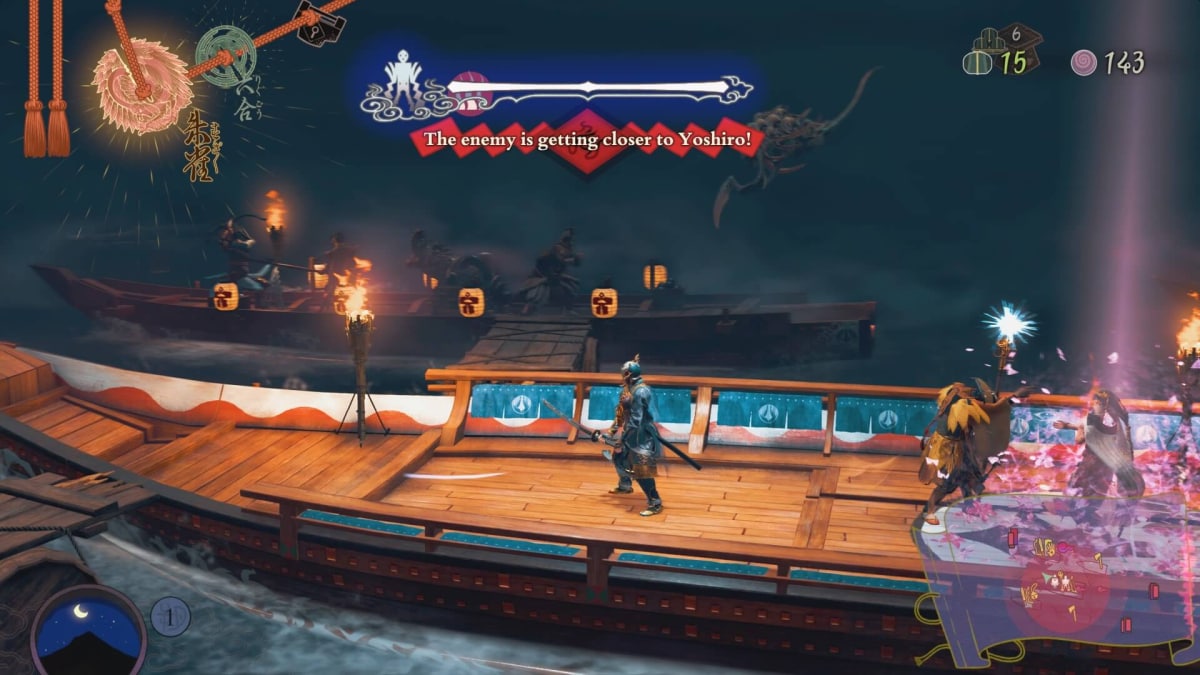 A screenshot from Kunitsu-Gami: Path of the Goddess, showing Soh and villagers on a collection of connected boats on a lake at night