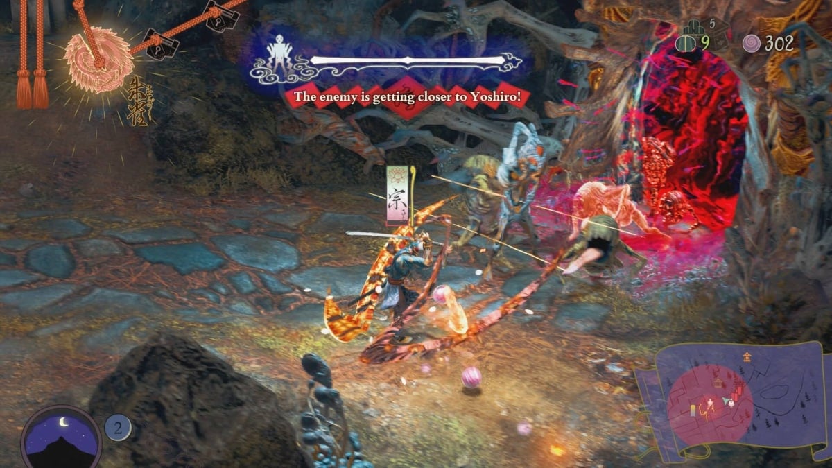 A screenshot from Kunitsu-Gami: Path of the Goddess, showing Soh slicing through Seethe coming out of a corrupted torii gate. A message can be seen above saying the enemy is getting closer to Yoshiro.