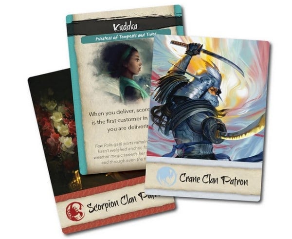 A screenshot of patron cards from the board game L5R River of Gold