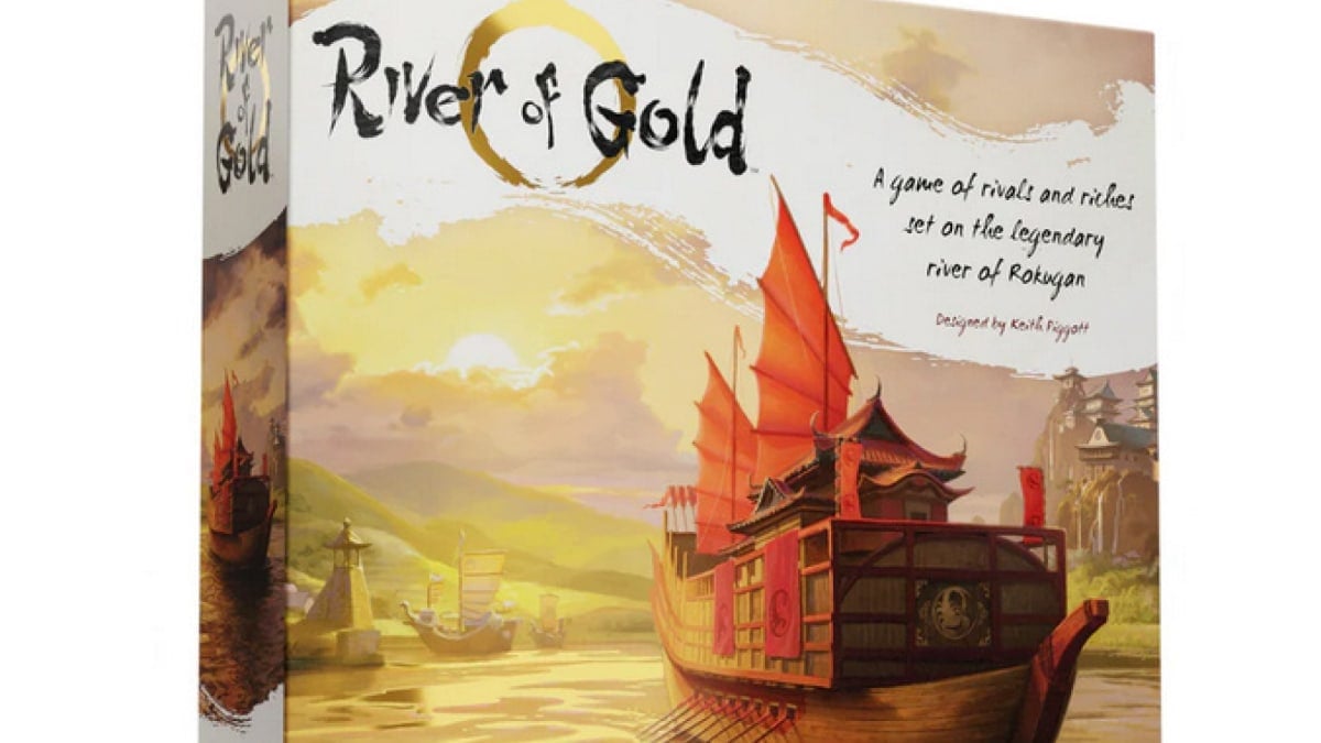 Promotional screenshot of the box art for L5R River of Gold, showing a boat sailing on a river in a sunrise.