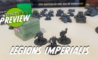 Legions Imperialis Preview header image featuring miniatures next to a glue bottle for size comparison.