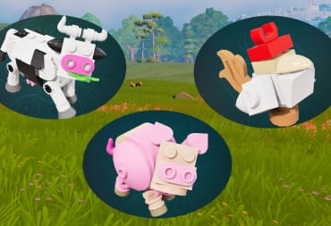 A LEGO Cow, Pig, and Chicken with a grassland backdrop.