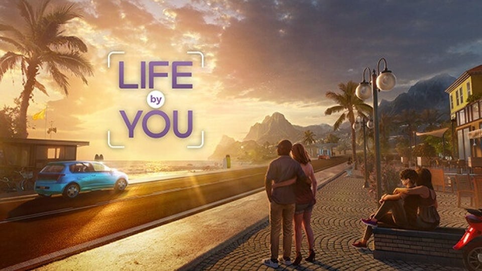 Promotional Banner image of the game Life By You, showing a couple on a sunny beach town street staring at the waves.