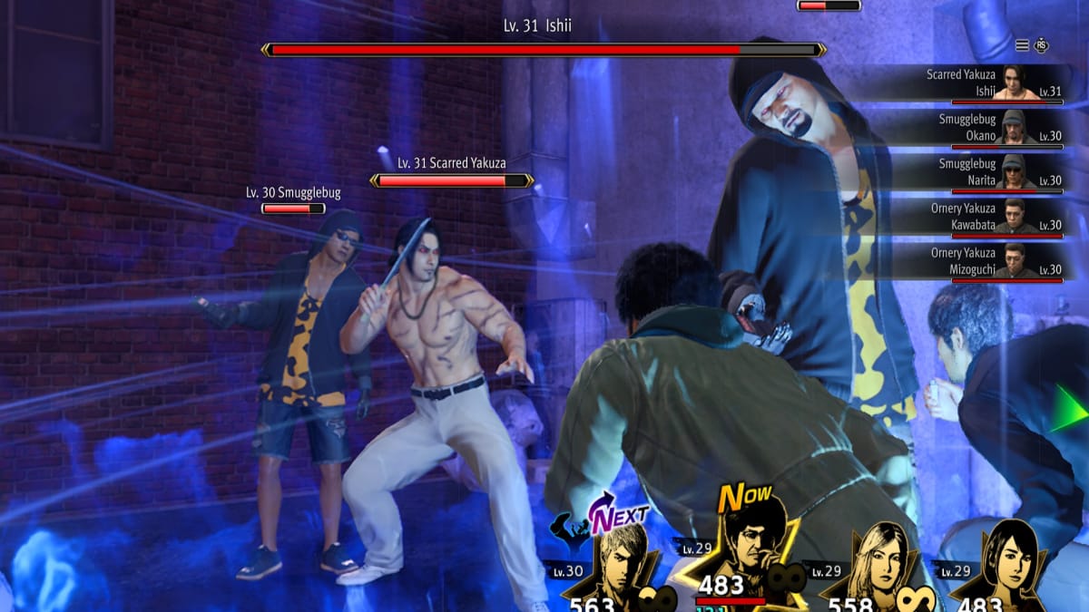 like a dragon infinite wealth screenshot showing several figures engaged in combat with glowing blue light around all of them