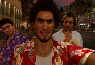 like a dragon infinite wealth screenshot showing three men posing for a selfie with the camera 