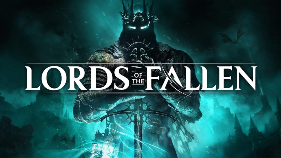 Key art for the Lords of the Fallen review, depicting a sinister figure with glowing eyes and a massive sword