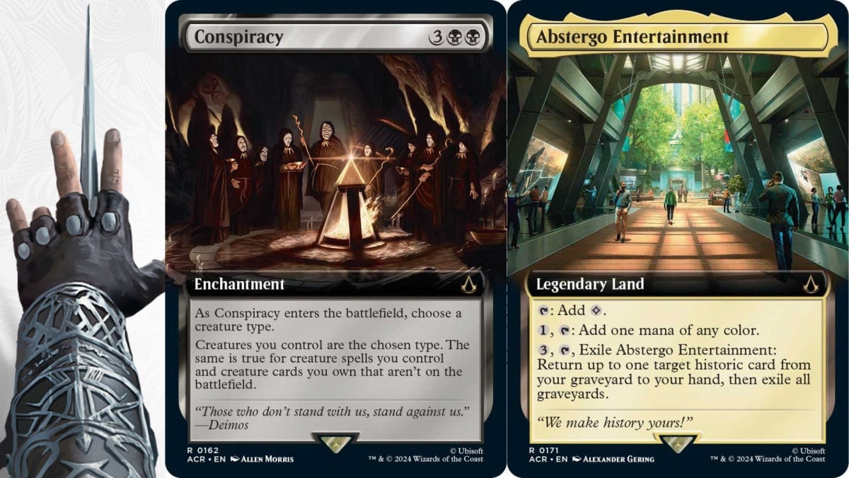 The cards "Conspiracy" and "Abstergo Entertainment" from Magic: the Gathering - Assassin's Creed