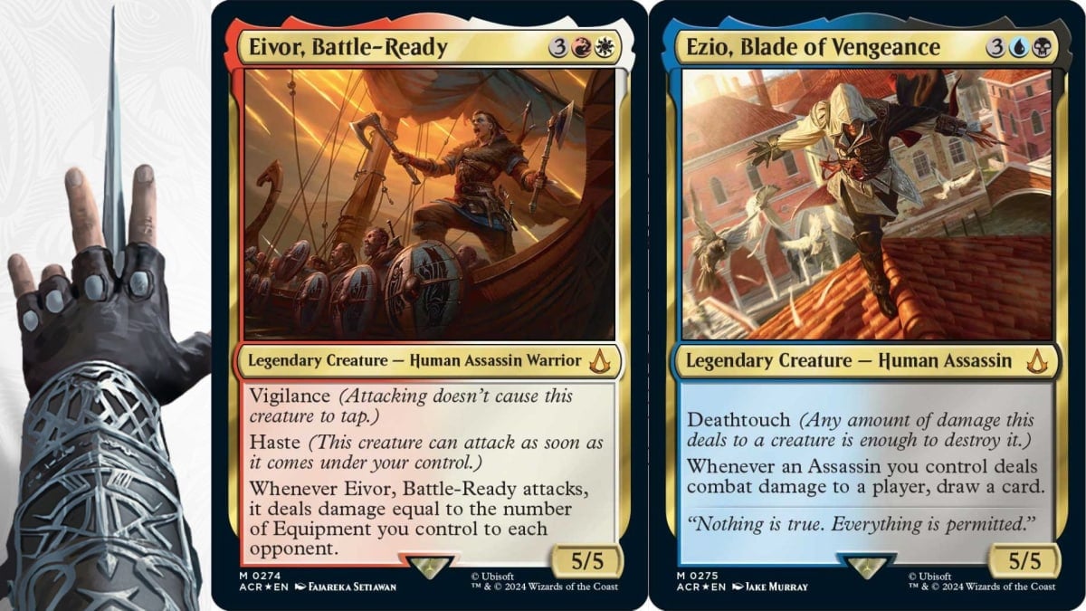 The cards "Eivor, Battle-Ready" and "Ezio, Blade of Vengeance" from Magic: the Gathering - Assassin's Creed