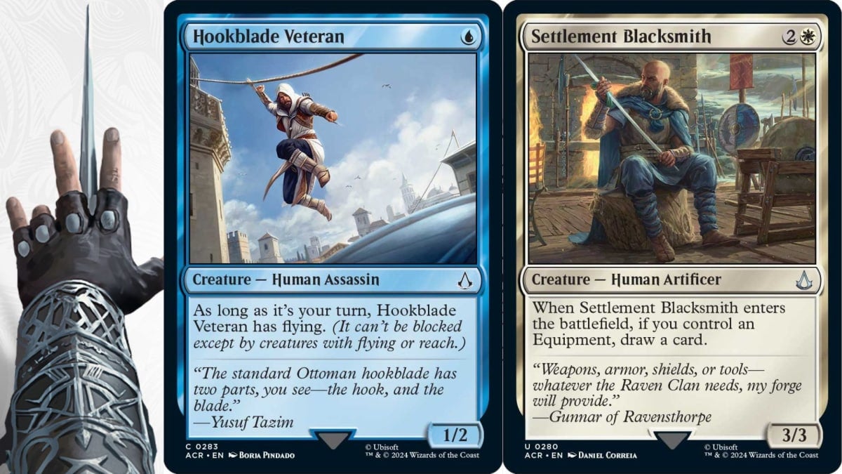 The cards "Hookblade Veteran" and "Settlement Blacksmith" from Magic: the Gathering - Assassin's Creed