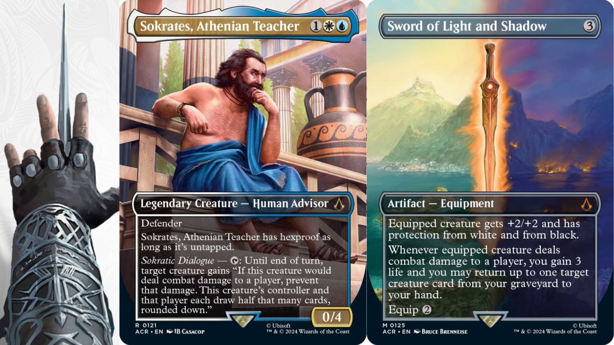 The cards "Sokrates, Athenian Teacher" and "Sword of Light and Shadow" from Magic: the Gathering - Assassin's Creed