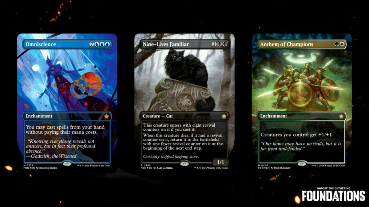 A promotional screenshot of borderless card art from Magic: The Gathering Foundations showing Omniscience, Nine-Lives Familiar, and Anthem of Champions