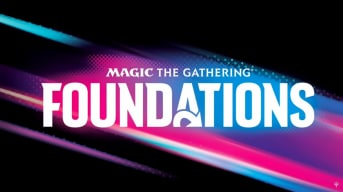 A promotional image of the Magic: The Gathering Foundations logo on a stylized background featurning pink and blue streaks.