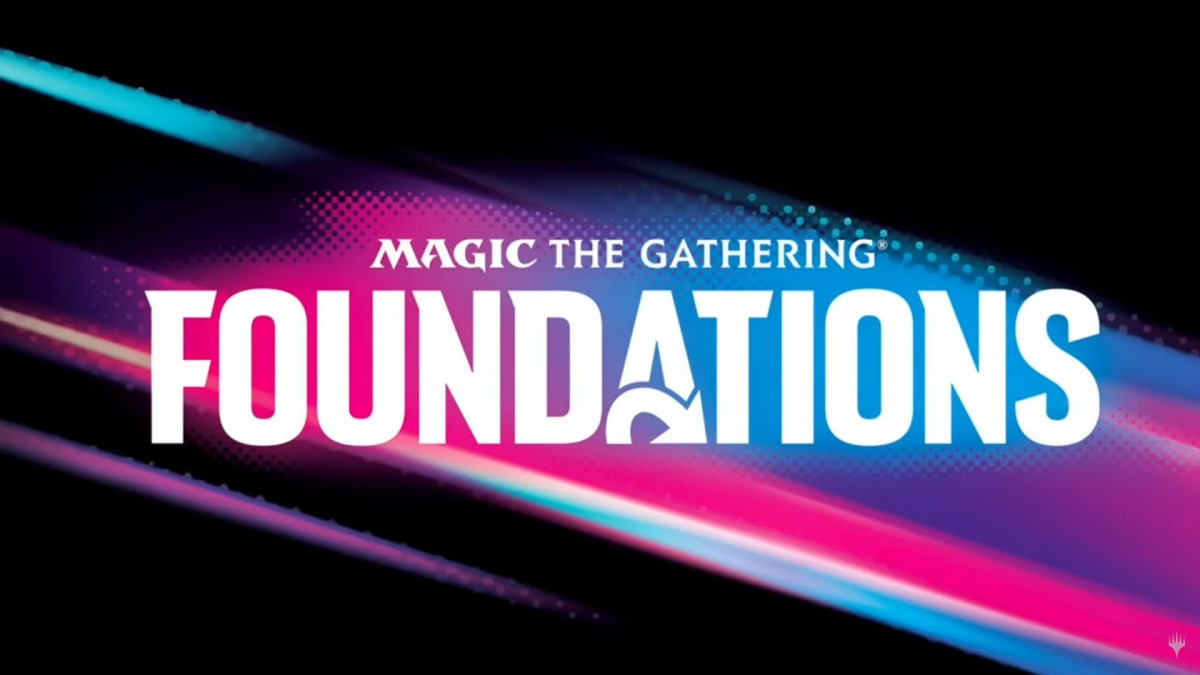 A promotional image of the Magic: The Gathering Foundations logo on a stylized background featurning pink and blue streaks.