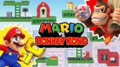 Mario vs Donkey Kong key art featuring a mustachioed man holding  a key facing off against a giant gorilla wearing a tie 