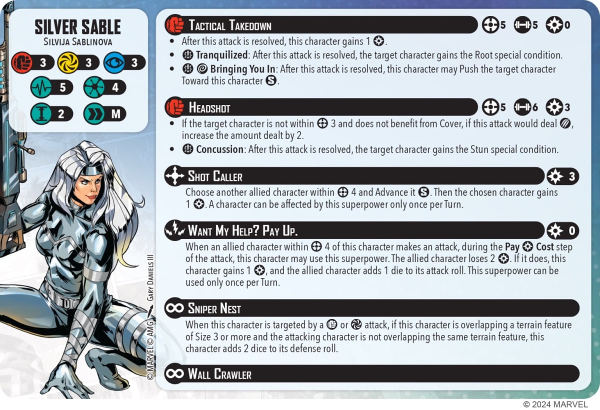 An image from our Marvel Crisis Protocol review of Silver Sable depicting her stat card.