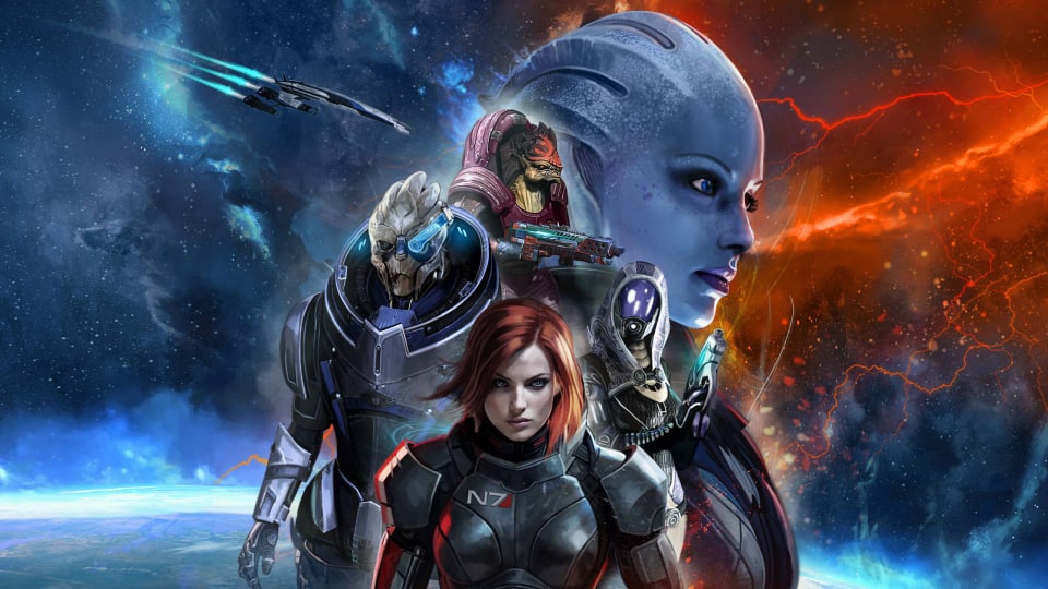 A promotional artwork of the Mass Effect board game, featuring female Commander Shepard, Tali, Garrus, Wrex, and Liara standing in front of a vast horizon of stars and planets.