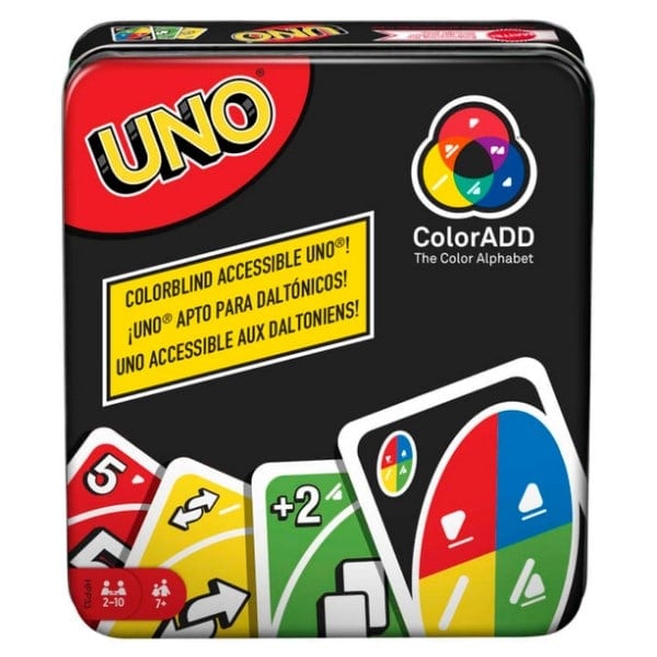 A promotional screenshot of a copy of ColorADD Uno in a metallic case.