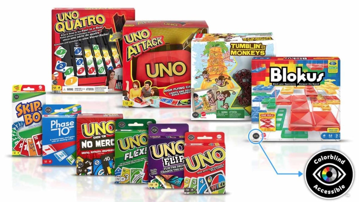 Promotional image of Mattel's new colorblind accessible board games, showing Uno, Phase-10, Ker Plunk, Uno Quatro, Tumblin' Monkeys, Blokus, and Skip-Bo.