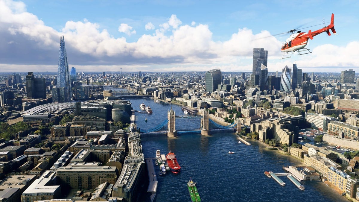 A helicopter flying over London in Microsoft Flight Simulator World Update 17