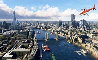 A helicopter flying over London in Microsoft Flight Simulator World Update 17