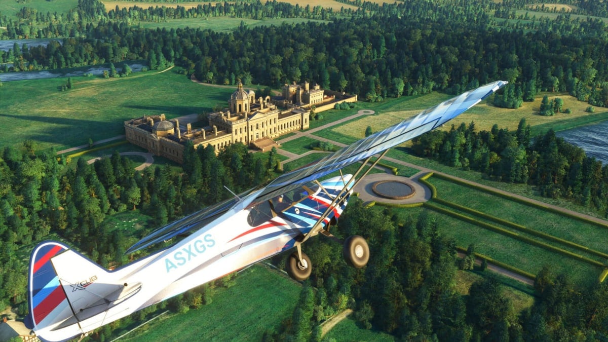 A plane soaring over a stately location in the new Microsoft Flight Simulator World Update