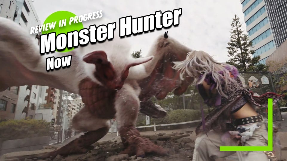 A person cosplaying as a hunter attacks a CGI Paolumu in a Monster Hunter Now trailer.